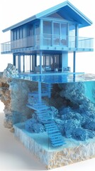 3d rendering of a modern glass house half-submerged in water