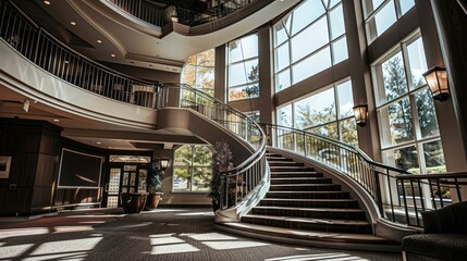 Hotel atrium with grand staircase and natural light flow. Arthouse, interior, rich and presentable appearance, foyer, marble, hostel. Advertising image concept for hotels. Generative by AI