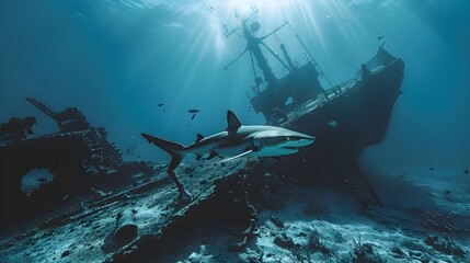 Daring Diver Exploring Mysterious Underwater Shipwreck with Curious Shark - obrazy, fototapety, plakaty