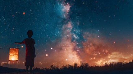  A touching portrayal merging Memorial Day, the Lantern Festival, and a single radiant lantern, set against the captivating backdrop of the Milky Way galaxy
