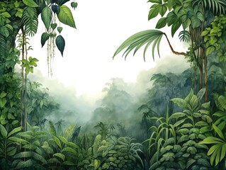 Rainsoaked jungle foliage, deep emerald leaves dripping with moisture, richly detailed, forming a lush border, isolated on white background, watercolor