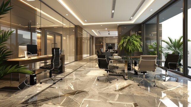 Hotel business center with conference rooms and office space. Office foyer, small tables with chairs at the edges, a seating area. Advertising image concept for hotels. Generative by AI
