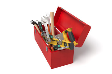 Red toolbox filled with various tools