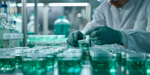 Fototapeta premium scientist with white lab coat and gloves works in laboratory. 