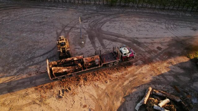 Aerial view of heavy equipment at a logging site moving large logs during a warm sunset, casting long shadows on the ground.