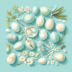 Fototapeta na wymiar An enchanting collection of Easter eggs in delicate pastel hues, nestled amidst a bed of blossoming flowers and foliage.