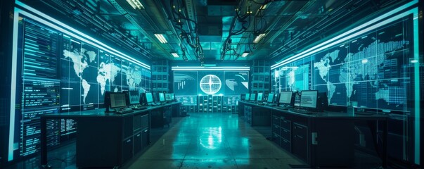 A futuristic control room with a large screen showing a world map and various data.
