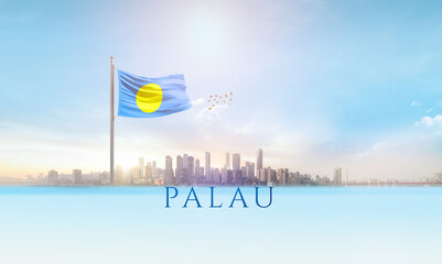 Palau national flag waving in beautiful building skyline.