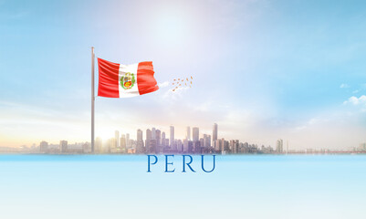 peru national flag waving in beautiful building skyline.