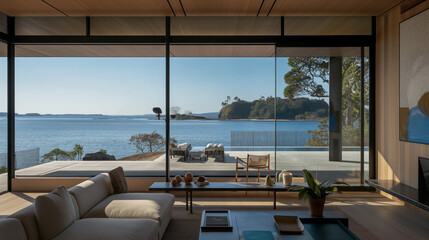 Fototapeta premium Living room design a lake front property, Home design beside of the lake,