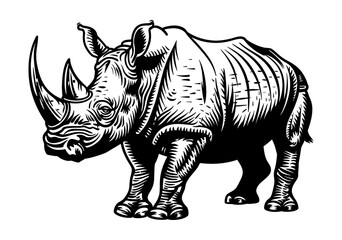 Obraz premium rhino engraving black and white outline