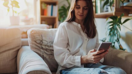 Portrait young woman using mobile phone at home while sitting on sofa. AI generated image