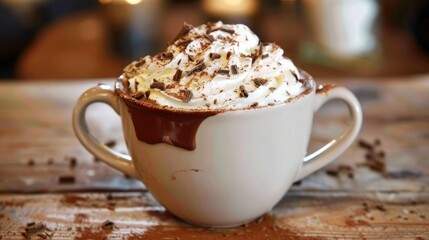 A velvety smooth hot chocolate, topped with a mountain of whipped cream and a sprinkle of chocolate shavings, offering warmth and comfort on a chilly winter evening.