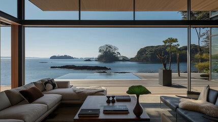 Fototapeta premium Living room design a lake front property, Home design beside of the lake,