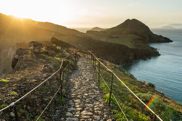 Beautiful hiking trial on Sao Lourenco in Madeira, Portugal at sunrise.