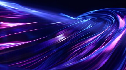 Dynamic and vibrant abstract waves of blue and purple, simulating a fluid motion with a glowing effect.