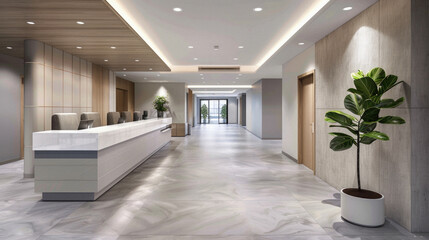 A large lobby with a white counter and a plant in a pot