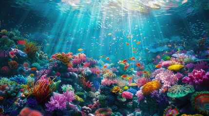 Fototapeta na wymiar A vibrant coral reef bustling with life beneath the surface of the ocean, a kaleidoscope of colors in an underwater wonderland.
