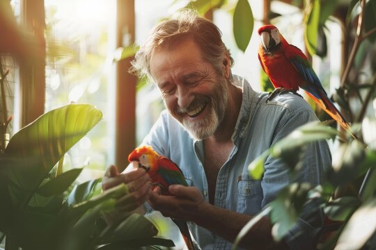 An image showing a joyful man interacting with bright parrots among lush greenery