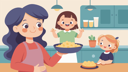 In the kitchen a little girl beams with joy as she presents her first solo dish a creamy mac and cheese to her impressed family.