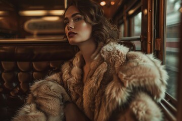 A woman poses in a luxurious fur coat inside a classic train compartment, exuding vintage elegance