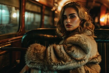 Moody and elegant, a woman in a fur coat gazes thoughtfully in a dimly lit tram, clad in luxury and style