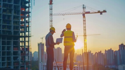 Experts inspect building construction areas Real estate project with civil engineer, investor using laptop