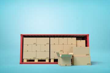 3d rendering of red open container full of cardboard packages