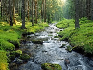 A stream of water flows through a forest with moss growing on the rocks. The water is clear and calm, and the surrounding trees are lush and green. The scene is peaceful and serene