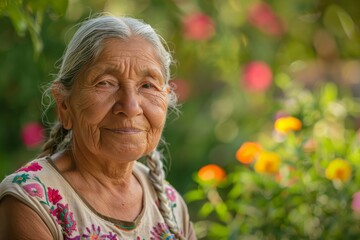 An elderly woman wearing a beautifully embroidered traditional dress stands amidst a vibrant garden setting