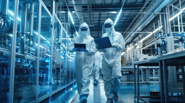 Scientists Walking in a Heavy Industry Factory in Sterile Coveralls and Face Masks, Using Laptop Computer.