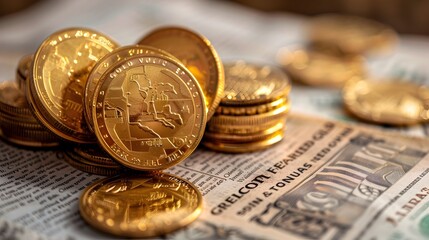Gleaming Gold Coins Scattered Across Financial Newspapers Highlighting Economic Trends and Market Data