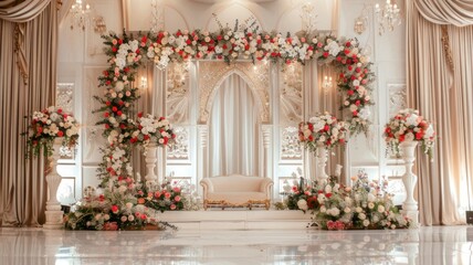 Fototapeta premium Wedding stage decoration background inside the building with elegant and beautiful flower decorations