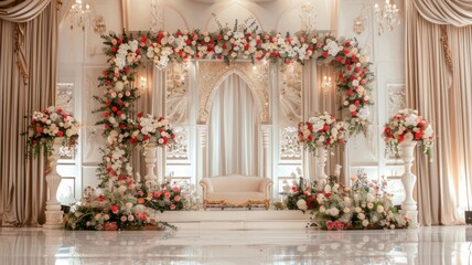 Wedding stage decoration background inside the building with elegant and beautiful flower decorations