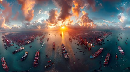 Global Trade Hub in a Wide-Angle Perspective: A Panorama of Cargo Ships Being Loaded