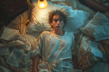 A man lies awake in bed, surrounded by scattered papers and a dimly lit lamp, consumed by thoughts that refuse to let him sleep - obrazy, fototapety, plakaty