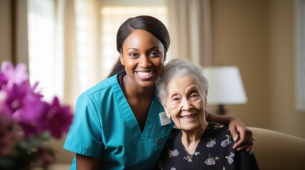 laughter, a nurse accompanies a senior woman in a wheelchair, providing care