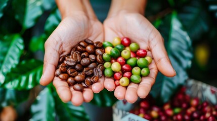 Harvesting arabica and robusta coffee berries in agriculture   farmer picking coffee berries by hand - obrazy, fototapety, plakaty