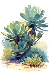 A rustic watercolor of Euphorbia stenoclada in a Madagascar dry forest, droughtresistant features and muted landscape, vivid watercolor, white background, 100% isolate