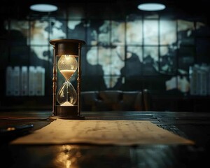 An hourglass timer sits on a desk in front of a world map.