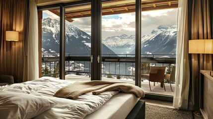 This hotel suite features a private balcony and mountain views. Luxury, splendor, fresh air, nature, vacation, landscape, high in mountains. Advertising image concept for hotels. Generative by AI