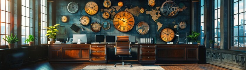 An office with a world map made of clocks on the wall.