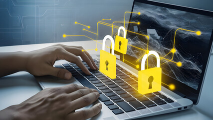 Hands interacting with a laptop keyboard with emerging padlock graphics symbolizing network security and data safety