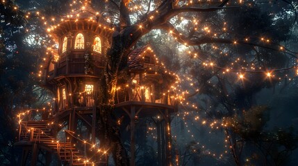 Illuminated Treehouse Nestled in Enchanted Forest under Starry Night Sky