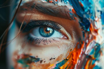 Macro shot capturing the intense gaze of a painted eye surrounded by a burst of colorful, abstract...
