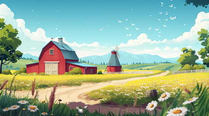 A farm scene in flat graphics