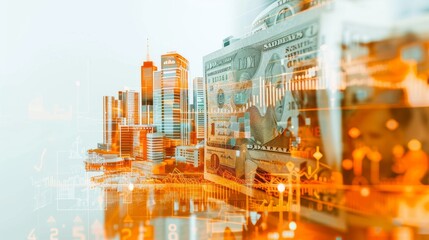 Cityscape with glowing orange and white skyscrapers and reflections of money and graphs.