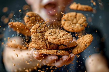 Captivating image of cookies being crushed by hands, with crumbs showering like confetti, evoking satisfaction - obrazy, fototapety, plakaty