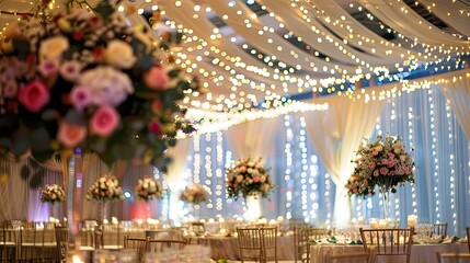 Wedding reception venue elegantly decorated with floral arra. Marriage, luxury, flowers, holiday, wedding, small luminous points, comfort. Advertising image concept of restaurants. Generative by AI