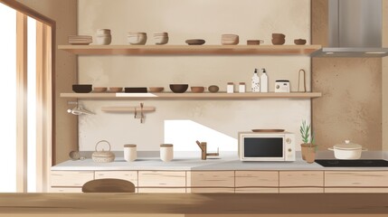 Modern Japandi kitchen design featuring minimalist wooden decor and clean aesthetic